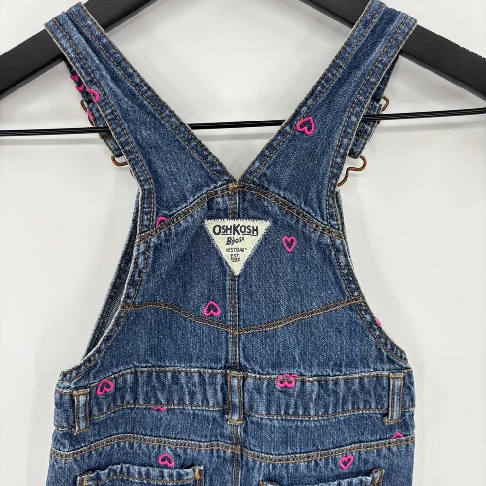 OshKosh B'gosh Heart Denim Overalls Kids 3T Blue Pink Embroidered Bib Dungarees
